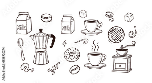 A delightful hand drawn collection of coffee related items including a moka pot, cups, donuts, milk cartons, coffee beans, sugar cubes, and a grinder on a white background