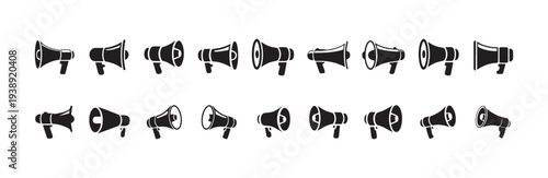 Collection of different megaphone symbols showcasing various angles for message spreading announcement protest and sound amplification