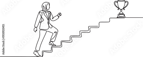Drawing of muslim businesswoman going up the stairs towards the trophy at the top.one line vector illustration with out background