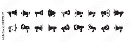 Assorted megaphone icons in black silhouette featuring different styles for loud voice announcement protest and public address systems