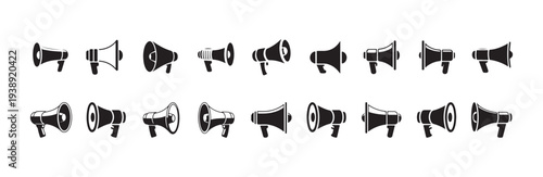 Group of megaphone graphics showing multiple variations in form for making loud statements social activism marketing campaign and sound projection
