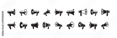 Set of megaphone and loudspeaker icons in various shapes for communication and announcement concepts