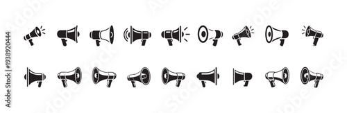 Collection of twenty megaphone icons showcasing various directions and sound wave illustrations for advertising