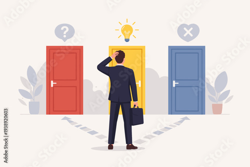 Businessman Standing in Front of Three Doors Choosing Career Path Opportunity, Concept of Decision Making, Problem Solving, New Job Selection, Professional Future Strategy and Business Success