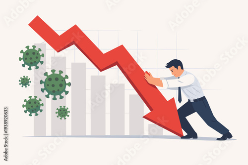 Businessman or Entrepreneur Struggling to Stop Economic Recession and Financial Crisis Caused by Coronavirus Pandemic, Pushing Back Against Falling Red Arrow Graph and Declining Market Trends