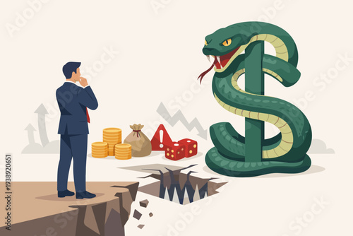 Businessman Facing Financial Risk and Investment Danger with a Dollar Sign Snake, Gambling with Money, Greed and Temptation in Business Strategy, Economic Trap and Profit or Loss Concept Vector