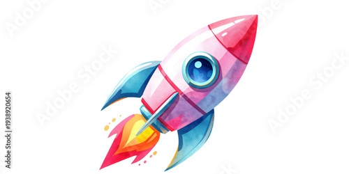 Watercolor art painting colorful 3D featuring A rocket should have an inflated shape rendered cartoon style,watercolor illustration artwork,  paintings,isolated PNG on transparent background.