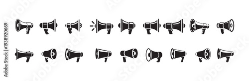 Assorted group of megaphone and bullhorn symbols illustrating sound amplification and important message delivery in black