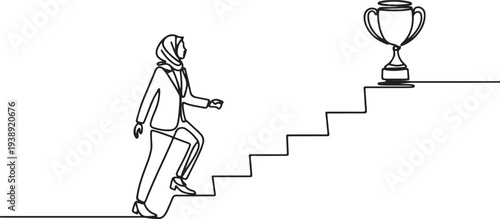 Drawing of muslim businesswoman going up the stairs towards the trophy at the top.one line vector illustration with out background
