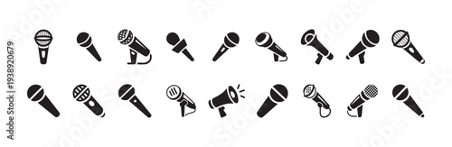 Compilation of diverse microphone and loudspeaker vector graphics representing sound media and vocal transmission in black outline