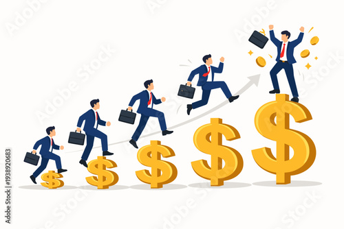 Successful businessman climbing up a staircase of growing gold dollar signs to reach financial success and high income, concept of career growth, investment profit, wealth, and business achievement.