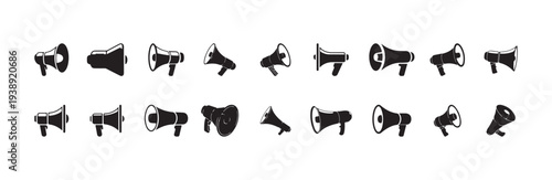 Set of megaphone icons in different angles and styles showing sound projection and announcement tools isolated on white background