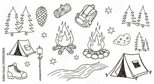 Hand drawn doodle illustration of camping elements including tents trees campfire and hiking boot perfect for outdoor adventure themes