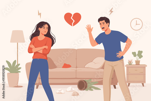 Angry couple arguing in living room with broken heart symbol, representing relationship problems, divorce, marriage conflict, domestic dispute, and breakup between man and woman illustration.