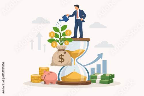 Businessman watering a money plant growing from a bag on an hourglass, symbolizing long-term investment growth, compound interest, financial prosperity, wealth management, and saving strategy.