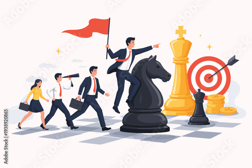 Business Leadership and Strategy Concept with Team Following Leader on Chess Knight Towards Success, Vision, and Goals with Target, Gold Coins, and Chessboard Vector Illustration.