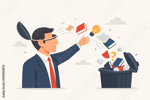 Businessman throwing old knowledge and ideas from his head into a trash bin, concept of unlearning, forgetting wrong information, and clearing mental space for new learning and growth.
