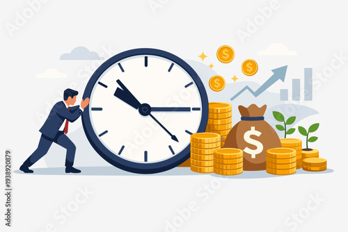 Businessman Pushing Giant Clock Towards Money Bag and Gold Coins, Concept of Time Investment for Financial Growth, Long Term Wealth Accumulation, Passive Income, Side Hustle, and Savings Strategy.