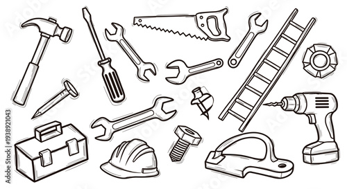 Collection of Hand Drawn Tools and Construction Equipment for DIY Projects and Home Improvement