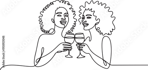 Girls drinking alcohol continuous one line vector drawing. Hand drawn girlfriends with curly hair. Happy African Women hold wine glasses. Girl cocktail party.one line vector illustration 