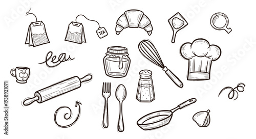 Hand drawn illustration of baking and breakfast items including a croissant tea bags rolling pin whisk and chef's hat