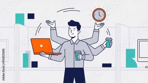 A multitasking office worker juggling tasks and devices in a modern workspace environment from a central viewpoint