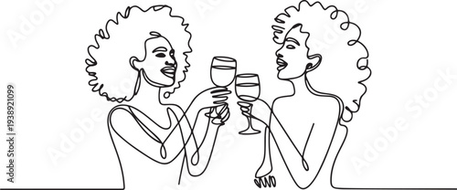 Girls drinking alcohol continuous one line vector drawing. Hand drawn girlfriends with curly hair. Happy African Women hold wine glasses. Girl cocktail party.one line vector illustration 