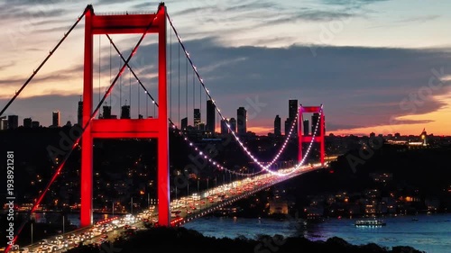 4K drone video of a breathtaking city view, the Bosphorus, and the Fatih Sultan Mehmet Bridge in Istanbul, Turkiye.