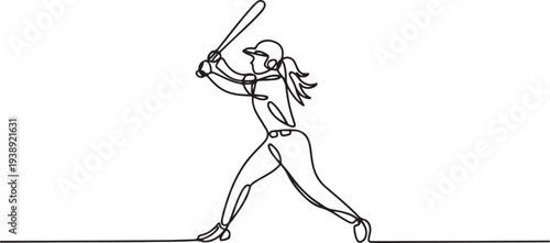 Line drawing of young energetic woman baseball player practice to hit the ball vector illustration. Sport training concept.one line vector illustration with out background
