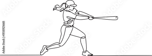 Line drawing of young energetic woman baseball player practice to hit the ball vector illustration. Sport training concept.one line vector illustration with out background