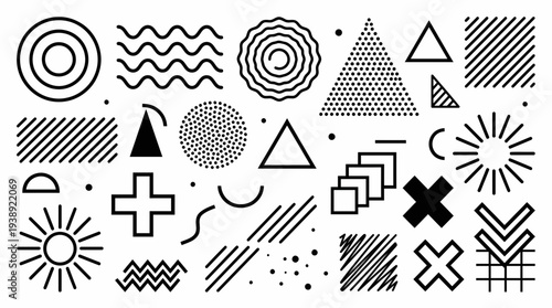 Collection of various black geometric Memphis style shapes and abstract linear elements isolated on white background, symbolizing creative graphic design assets or modern pattern composition