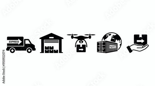 Black logistics and delivery icons set including express truck, warehouse, drone courier, cargo container and package hand on white, symbolizing supply chain management or shipping services
