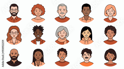 Collection of diverse cartoon avatars and user profile icons featuring various ages and ethnicities in flat vector style, symbolizing social community and inclusive team representation