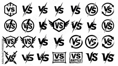 Set of black and white VS versus battle logos icons with lightning strikes shields and wings in flat design style, symbolizing competitive sports matches or gaming tournament branding