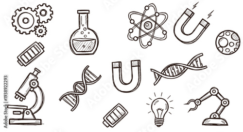 Collection of scientific and technological icons representing innovation research discovery and development in a doodle sketch style