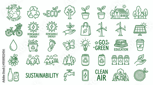 Green environment icons set featuring recycling symbols solar panels wind turbines and plant growth on white background, symbolizing sustainable development, symbolizing eco friendly lifestyle