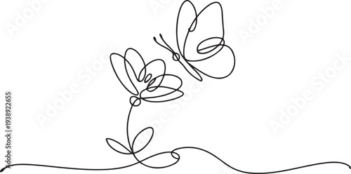 one line drawing flower with butterfly.one line vector illustration with out background