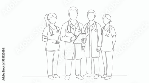 Minimalist continuous line art of diverse medical team including doctors and nurses standing with stethoscopes and clipboard, symbolizing professional healthcare teamwork and clinical excellence
