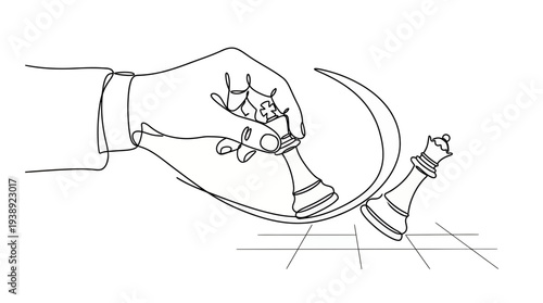Continuous one line drawing of a businessman hand moving chess king piece to knock down opponent queen on board, symbolizing strategic business planning, symbolizing competitive corporate victory