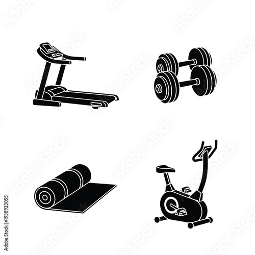 A four-part glyph set illustrates exercise machinery and accessories such as a running belt, free weights, a rolled floor covering, and a cycle machine.