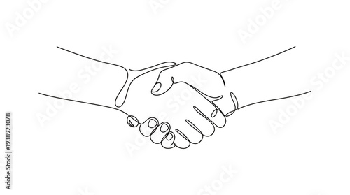 Continuous line drawing of two hands shaking in a firm grip on white background, symbolizing successful business partnership, symbolizing professional agreement and trust