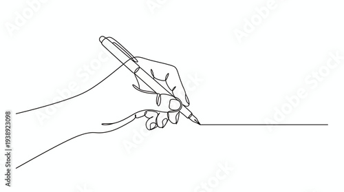 Continuous one line drawing of human hand holding fountain pen writing signature on empty white background, symbolizing creative storytelling and professional corporate business agreement