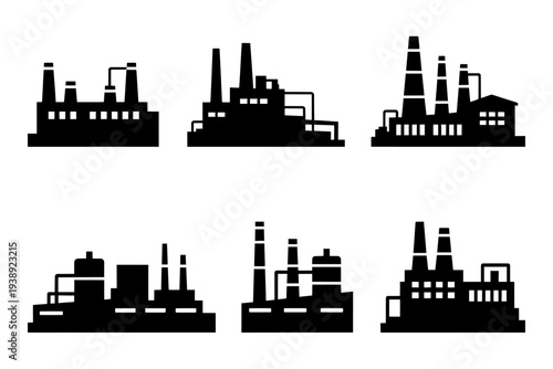 Set of 6 industrial factory buildings vector icons isolated PNG with Transparent Background