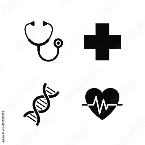 A collection of four black medical icons features a stethoscope, a first aid cross, a DNA double helix, and a heart with an electrocardiogram line.