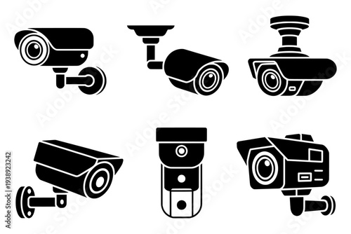 Set of 6 security camera icons vector, black and white isolated PNG with Transparent Background