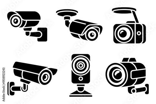Set of 6 security camera icons vector, black and white isolated PNG with Transparent Background