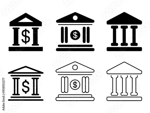 Set of 6 bank building icons vector isolated PNG with Transparent Background