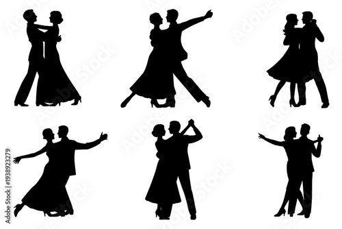 Set of 6 dancing couple silhouette icons vector isolated PNG with Transparent Background