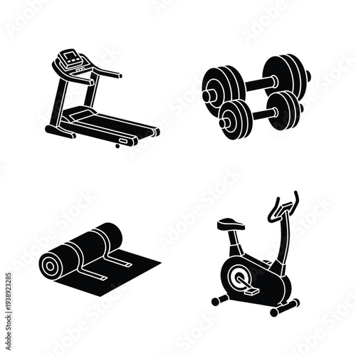 A set of four black silhouette icons depicts fitness equipment including a treadmill, dumbbells, exercise mat, and stationary bike.
