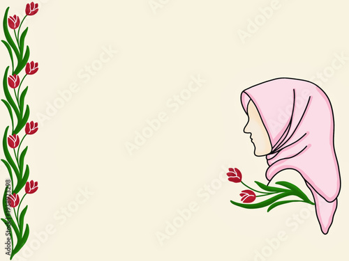 A Muslim woman wearing a pink syar'i hijab seen from the side, and red tulips give feminine impression. Background design for content.